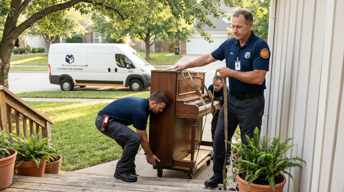 Licensed piano movers securing grand piano in Sturtevant, WI