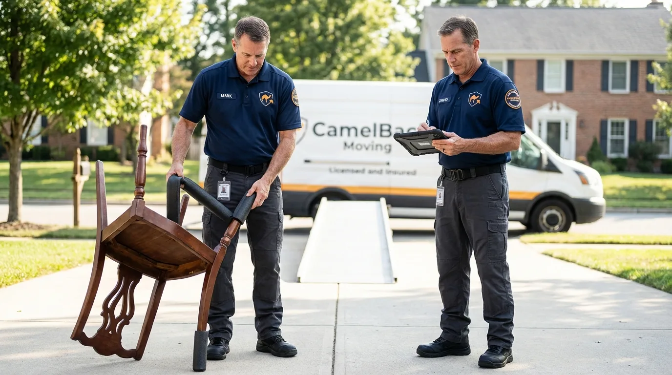 Movers inspecting furniture for damage prevention before loading in Sturtevant, WI